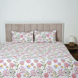 Glaxomas White & Green Floral Printed 250 TC King Bedsheet with 2 Pillow Covers-image-7