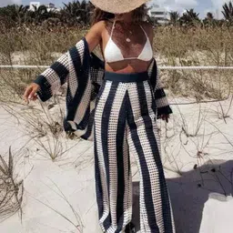 Alamode By Akanksha Striped Swimwear Coverup Set-image-16
