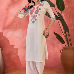 Sangria Women Floral Embroidered Straight Kurta With Trouser Kurta Set-picture-13