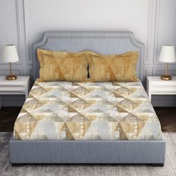 SPACES Brown & Grey Geometric Cotton 144 TC Queen Bedsheet with 2 Pillow Covers-image-27