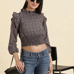 SHOWOFF Floral Print Puff Sleeve Crepe Cinched Waist Crop Top-image-17