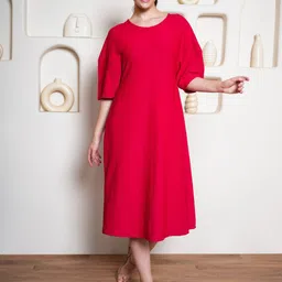 MILOST Women Solid Round Neck Extended Sleeve A-Line Midi Dress-picture-13