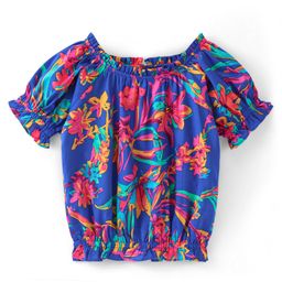 Pine Kids 100% Cotton Woven Half Sleeves Elasticated Neck Floral Print Top - Blue-image-99