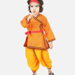 BownBee Janmashtami Theme Full Sleeves Angrakha Kanhaiya Costume Kurta & Dhoti Set - Yellow-picture-26