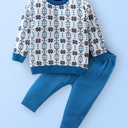 Babyhug Knitted Full Sleeves Sweater Set Star Design - White & Blue-image-65