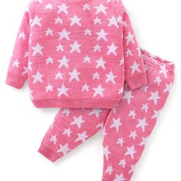 Babyhug Knitted Full Sleeves Sweater Set With Star Design - Pink-image-71