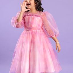 Mark & Mia Three Fourth Sleeves Party Wear Frock Tie & Dye Pattern - Pink-image-4