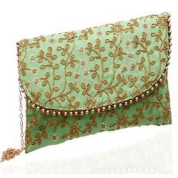 Kuber Industries Embroidery Golden Pearl Border ClutchHand Purse & Pearls Handle With Magnetic Lock For Woman,Girls,Green,-91