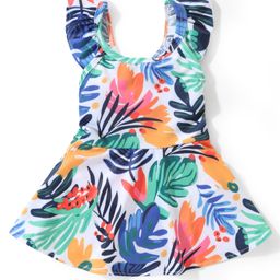 Babyhug Frill Sleeves  Frock Style Swimsuit with Leaves Print - Multicolour-image-14