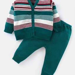 Babyhug Knitted Full Sleeves Striped Sweater Set - Green-picture-22