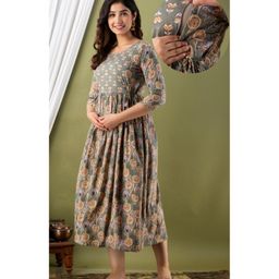 Step Queen Three Fourth Sleeves Floral Printed Maternity Dress With Concealed Zipper Nursing Access -  Grey-picture-15