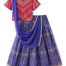 Earthy Touch Single Jersey Knit Half Sleeves Foil Printed Choli Lehenga Set with Dupatta - Royal Blue-image-40