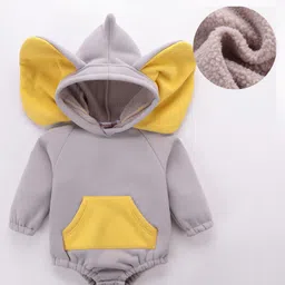 Kookie Kids Cotton Raglan Full Sleeves Hooded Romper with Kangaroo Pockets & Ears Applique - Grey-picture-9