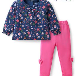 Babyoye Cotton Knit Full Sleeves Top & Legging Set With Floral Print & Bow Applique - Navy Blue-image-40