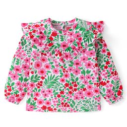Babyhug Cotton Knit Full Sleeves Top Floral Print & Frill Detailing - Pink & Green-image-69