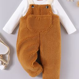 Kookie Kids Fur Full Length Dungaree Style Jumpsuit& Full Sleeves T-Shirt with Pocket Detailing - White & Brown-image-29