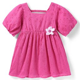 Babyhug Viscose Woven Half Sleeves Schiffli Frock with Headband Floral Applique - Dark Pink-picture-19