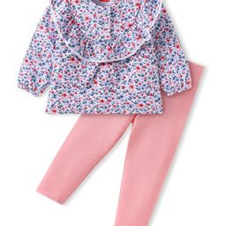 Babyhug Single Jersey Full Sleeves Frill Detailing Floral Print Top with Legging - Blue & Pink-image-44