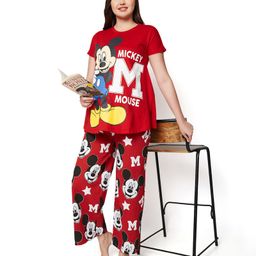 Bella Mama Disney Cotton Knit Half Sleeves Pullover Maternity Night Suit With Mickey Mouse Graphics - Red-11