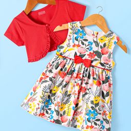 Babyhug Cotton Woven Half Sleeves Shrug & Floral Printed Frock with Bow Applique - Red & White-image-87