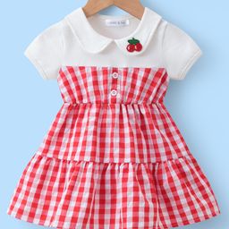 Mark & Mia Cotton Half Sleeves Peter Pan Collared Checkered Frock with Tomato Embroidery - Red & White-image-4