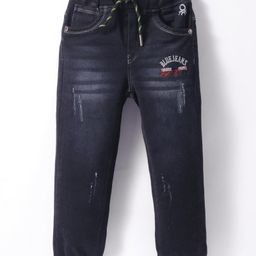 Olio Kids Full Length Distressed Denim Jeans with Text Embroidery - Black-image-88