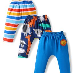 Babyhug Cotton Knit Full Length Diaper Leggings With Stripes & Animal Print Pack Of 3 - Blue & Navy Blue-image-47