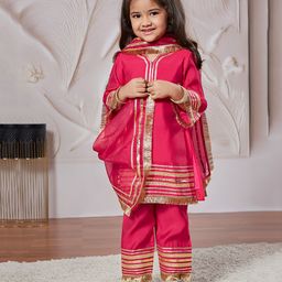 Vastramay Silk Blend Three Fourth Sleeves Lace Embellished Kurta Pant With Dupatta Set - Pink-image-82