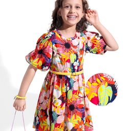 Hola Bonita Woven Half Puffed Sleeves Floral Printed Dress - Multicolor-image-62