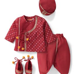 Exclusive from Jaipur Cotton Woven Full Sleeves Printed Kurta Dhoti Set with Mojari & Cap - Dark Red-image-61