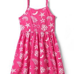 Pine Kids Cotton Knit Sleeveless Frock with Tropical Theme Print - Dark Pink-image-94