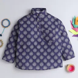 BAATCHEET Cotton Full Sleeves Floral Printed Kurta Style Shirt - Navy Blue-picture-4