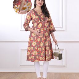 Bella Mama Woven Three Fourth Sleeves Embroidered Yoke & Floral Printed Maternity Kurta - Coral-image-81