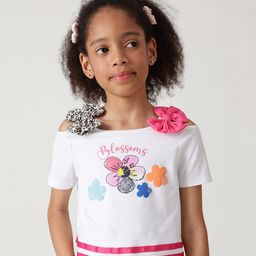 One Friday Cotton Half Sleeves Floral Printed Bow Applique Detailed Top - White-image-45