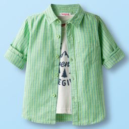 Babyhug Cotton Woven Full Sleeve Stripe Shirt With T-Shirt - Green-picture-28