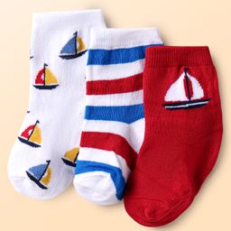 Cute Walk by Babyhug Knit Ankle Length Antibacterial Socks With Stripes & Nautical Design Pack Of 3 - Red & White-image-76