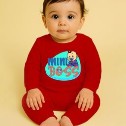 The Peppy Tend 100% Cotton Knit Full Sleeves Mini Boss Text Printed Romper - Red-image-80
