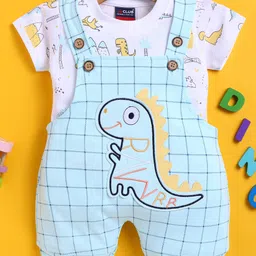 Jb Club Cotton Knit Dinosaur Patch Detailed & Checked Dungaree With Half Sleeves Tee Set - Blue-picture-1