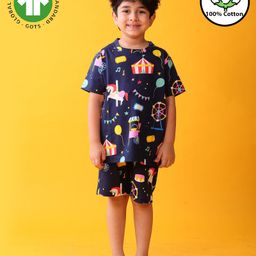 Anthrilo 100% Cotton Knit Half Sleeves Carnival Theme Printed Tee & Coordinating Shorts Set - Navy Blue-picture-18