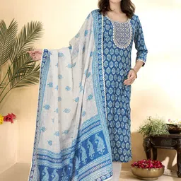 Anouk Women Ethnic Motifs Embroidered Regular Sequinned Pure Cotton Kurta with Palazzos & With Dupatta image 4
