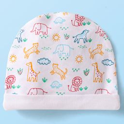 Babyhug Interlock Knit Cap Mittens And Booties Set with Jungle Theme Print - White image 3