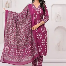 RANI PRINTS Floral Printed Block Print Pure Cotton Straight Kurta With Trousers & Dupatta-16