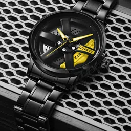 EMPERO Men Brass Patterned Dial & Stainless Steel Wrap Around Straps Analogue Watches Yellow Wheel Watch 2-15