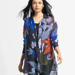 SHAYE Black Spread Collar Floral Print Full Sleeves Oversized Casual Shirt With Cami For Women-image-31