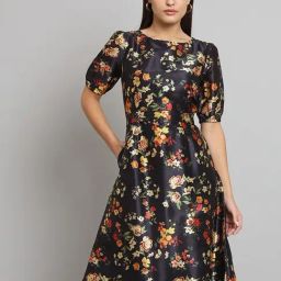 Powersutra Black Print Short sleeve Fit & Flare Dress-image-1