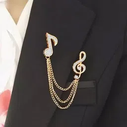Peora Gold-Plated CZ Studded Music Pattern Double Chain Pin Brooch-image-5