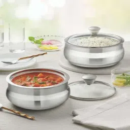 Borosil Silver Stainless Steel Insulated Handi Bowls with Lid (800 ml & 1200 ml) - Set of 2-image-33