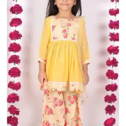 Little Bansi Kids Yellow & Beige Printed Kurta, Palazzos with Dupatta-10