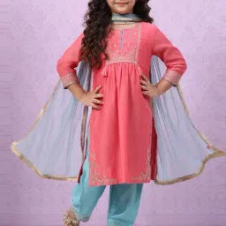 Biba Kids Peach & Blue Embroidered Kurta Set-picture-10