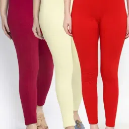 Gracit Red & Cream Mid Rise Leggings - Pack Of 3-image-88